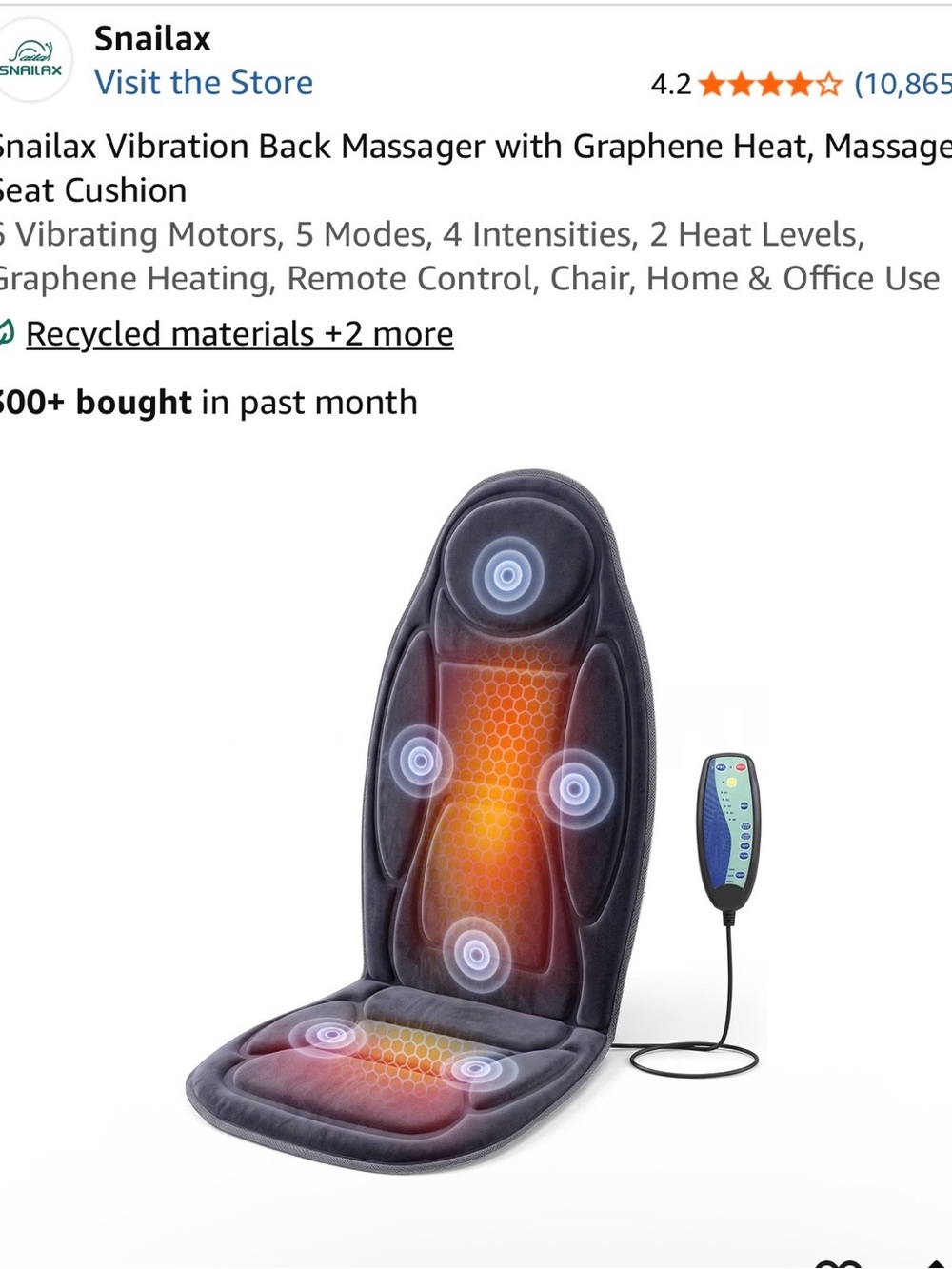 Snailax NIB Graphene Heat Vibration Back Massager Cushion - Gray